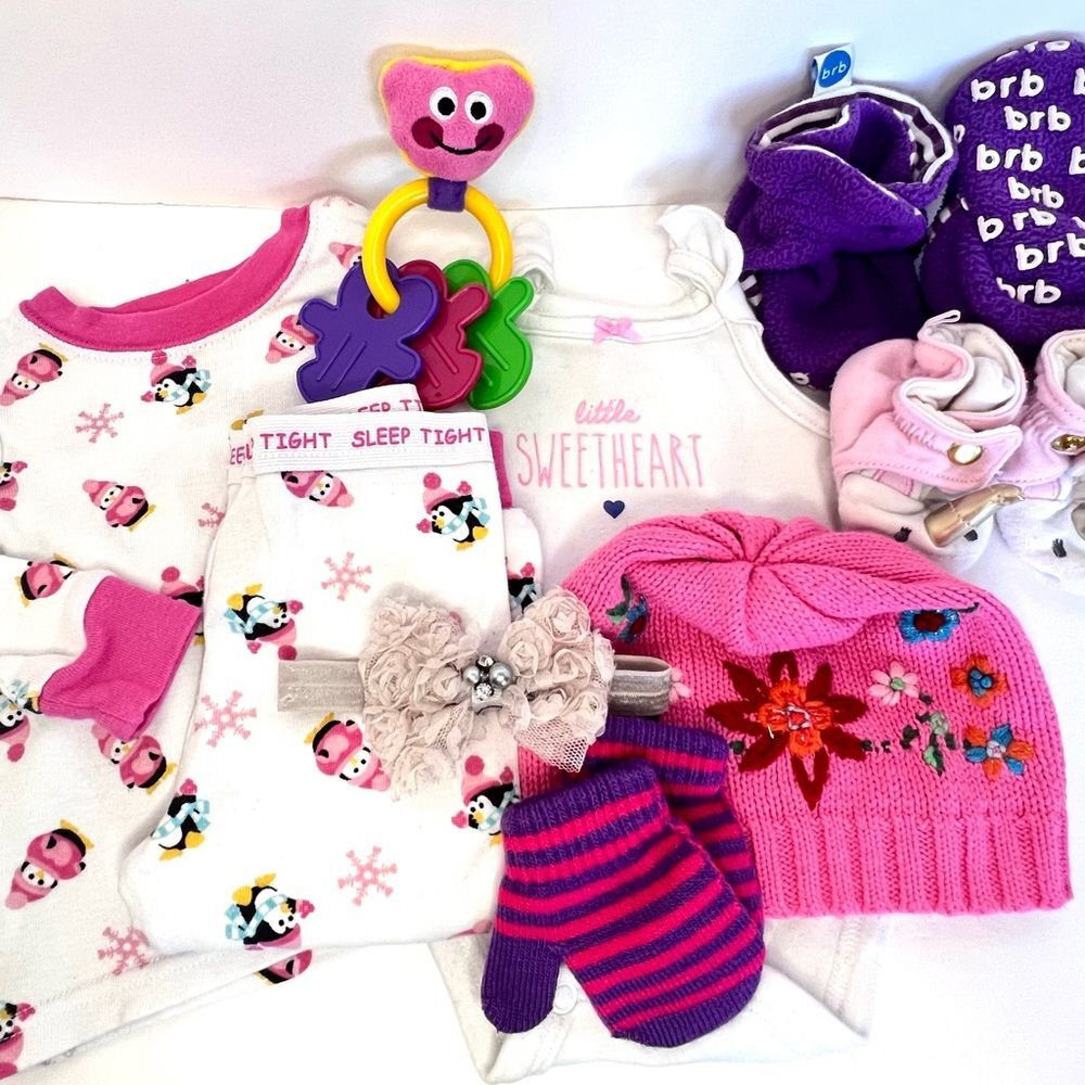 Baby Girl Clothes Bundle NB 0-9M Pajamas Winter Accessories 10 Pc Lot